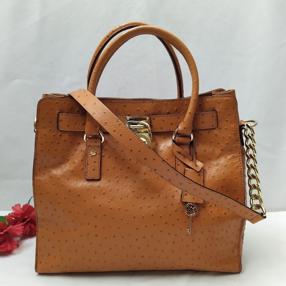 Michael Kors Hamilton Brown Leather Ostridge Embossed Lock Satchel Shoulder Bag